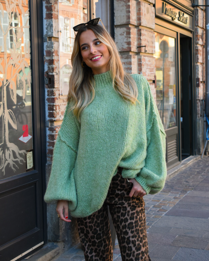 Pull col haut vert