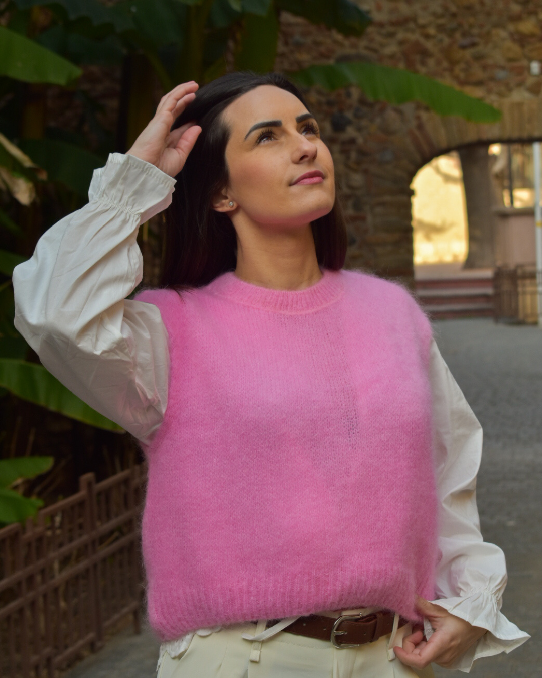 Pull sans manche mohair rose