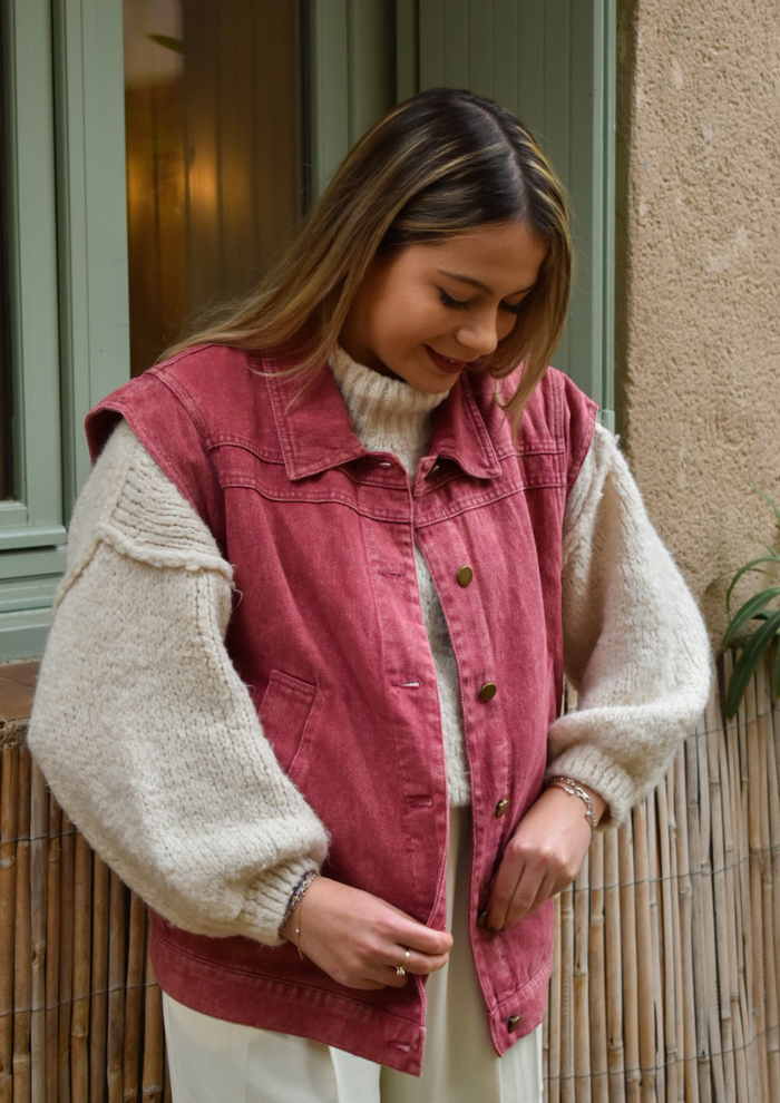 Veste en jean sans manches rose