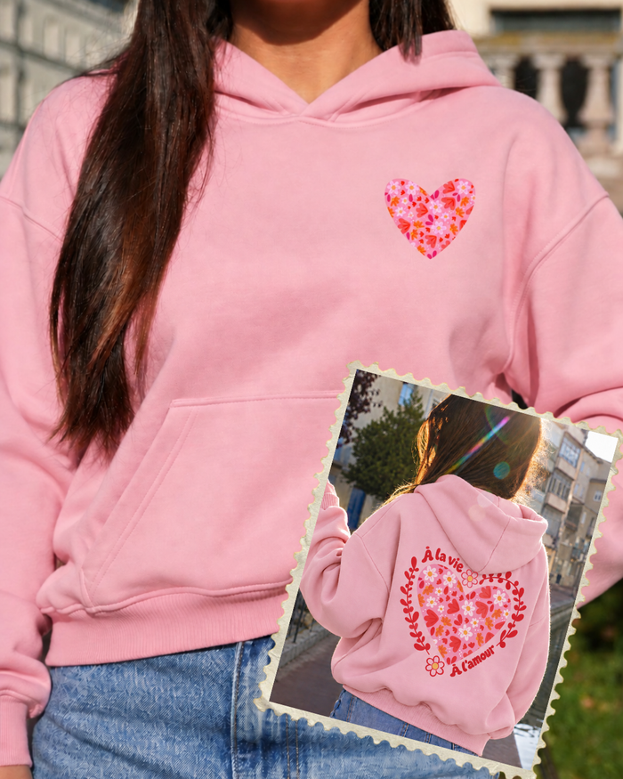 Sweat à capuche poche à la vie, à l'amour (🩷🖤🩶)