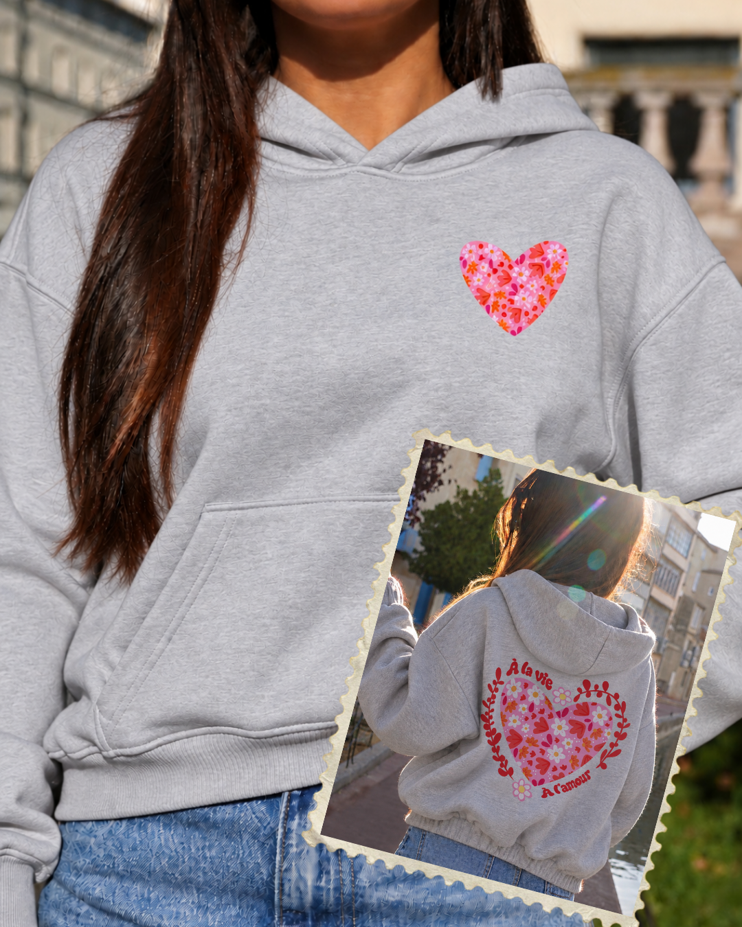 Sweat à capuche poche à la vie, à l'amour (🩷🖤🩶)