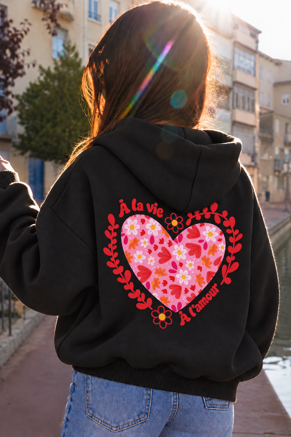 Sweat à capuche poche à la vie, à l'amour (🩷🖤🩶)