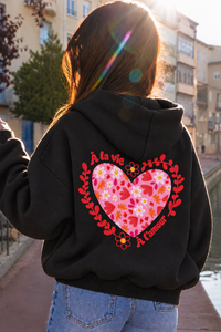 Sweat à capuche poche à la vie, à l'amour (🩷🖤🩶)