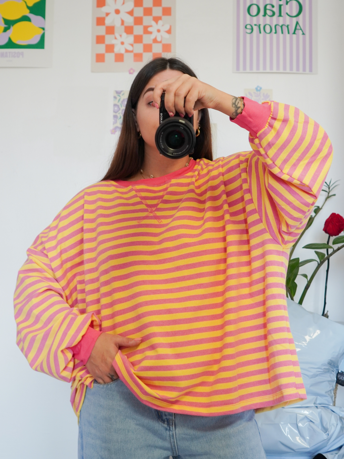 Top rayures manches longues rose