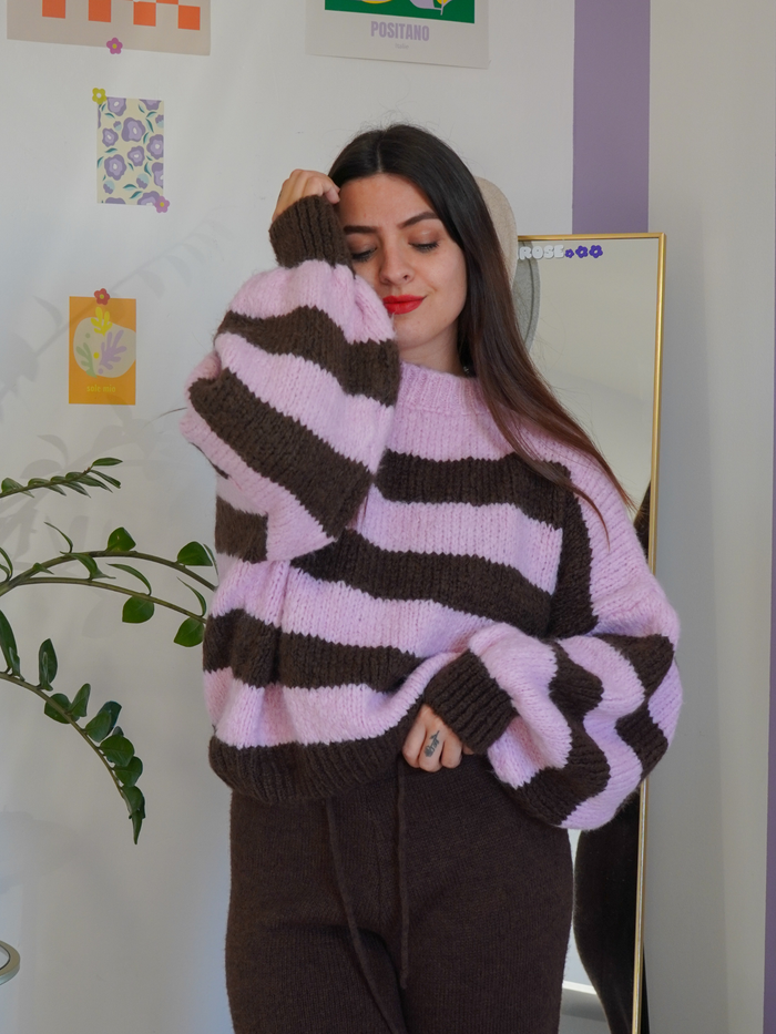 Pull rayures rose et marron