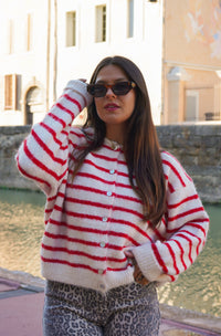 Cardigan rayures rouge/blanc