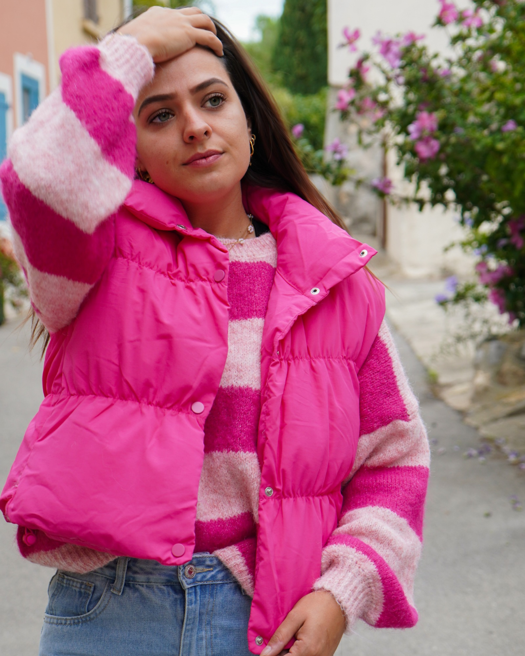 Pull rayures rose défectueux