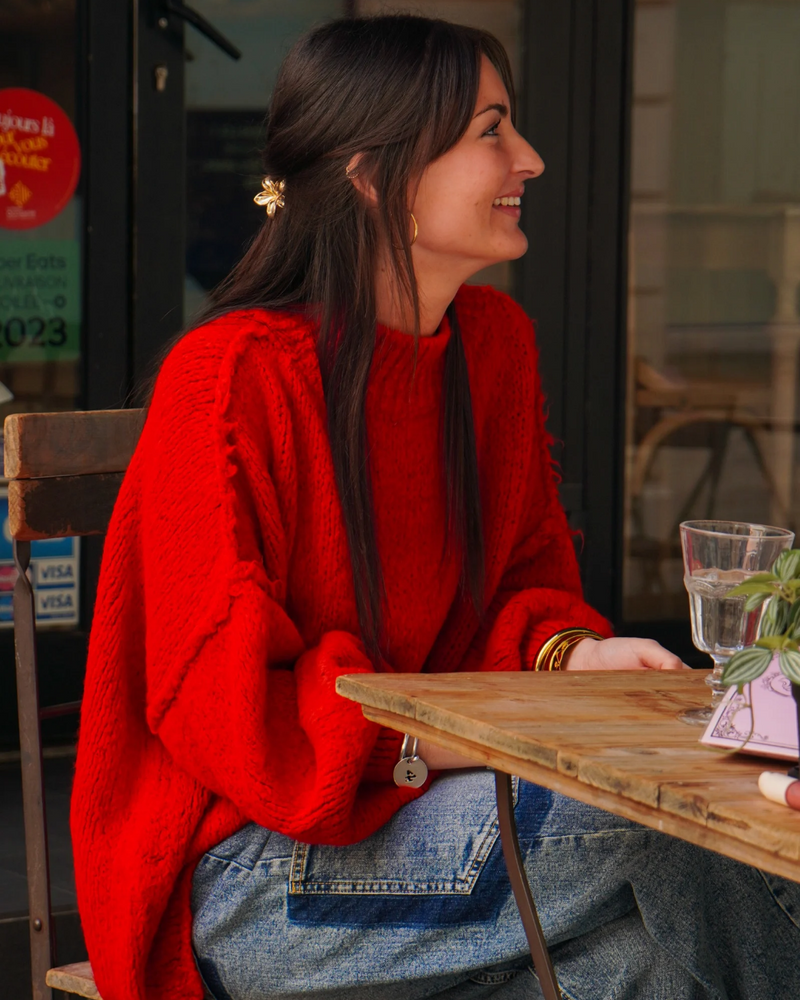Pull col haut rouge
