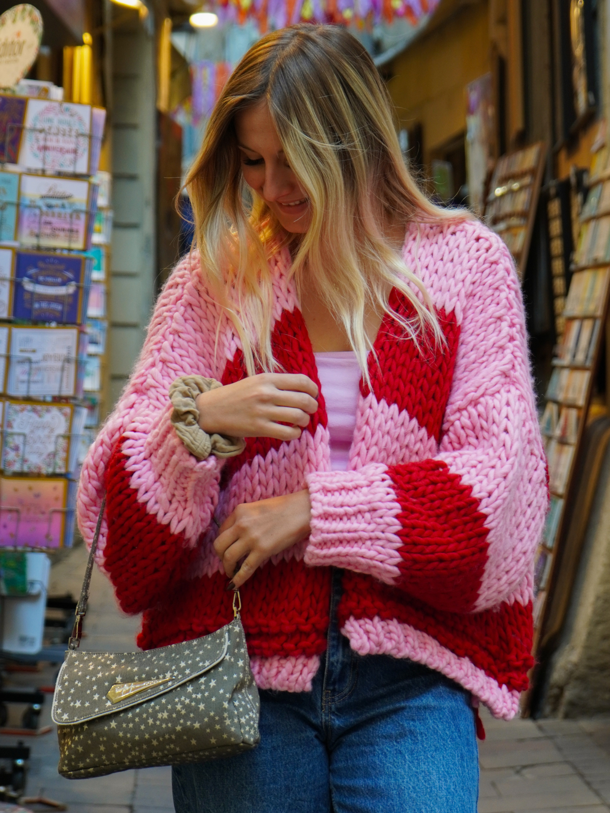 Gilet maille rose/rouge