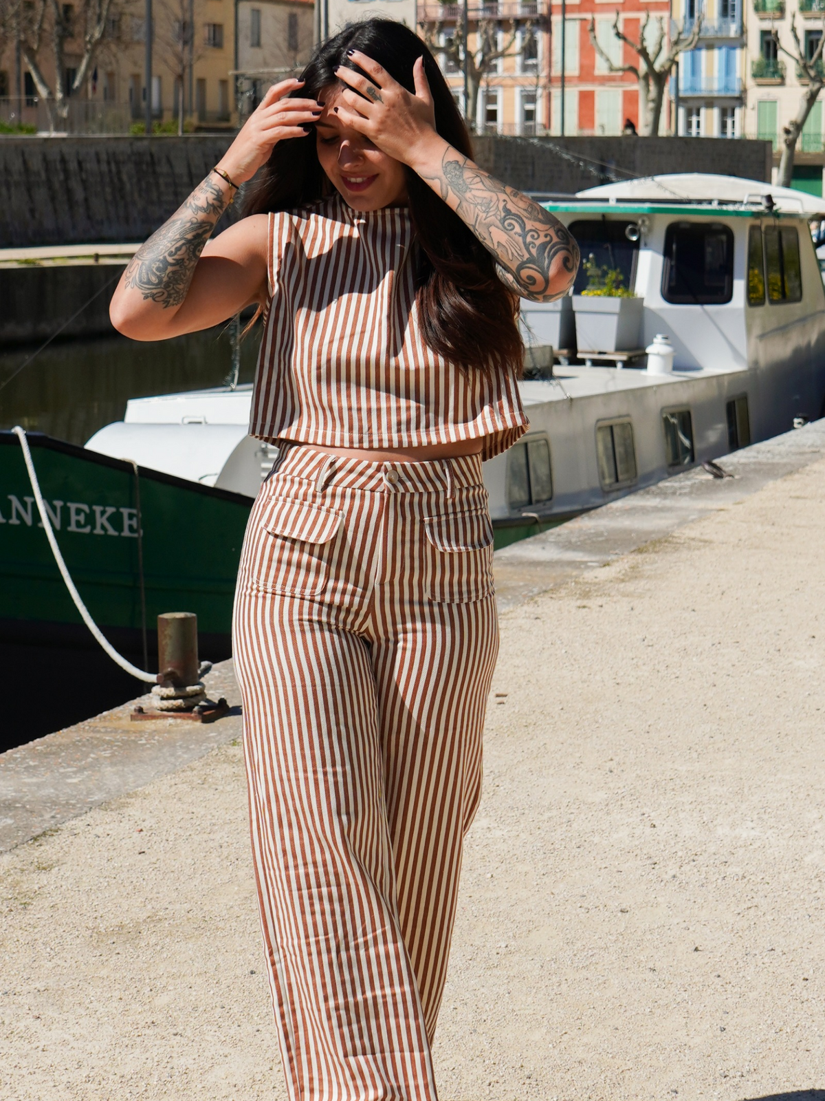 Crop top rayures camel