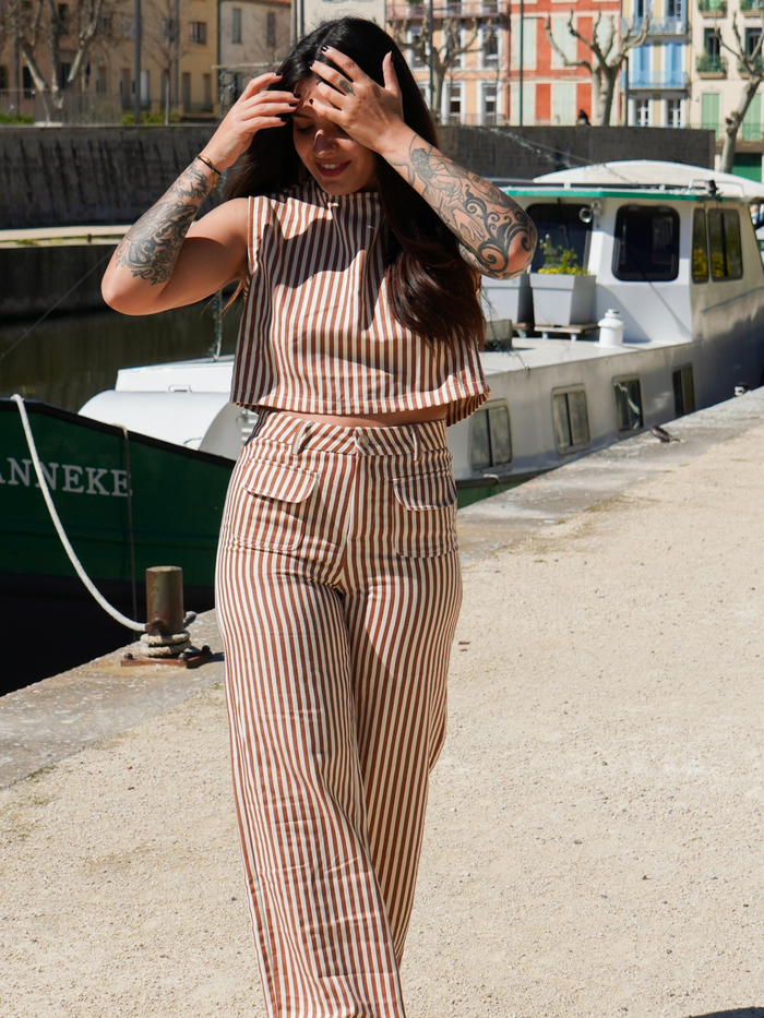 Crop top rayures camel