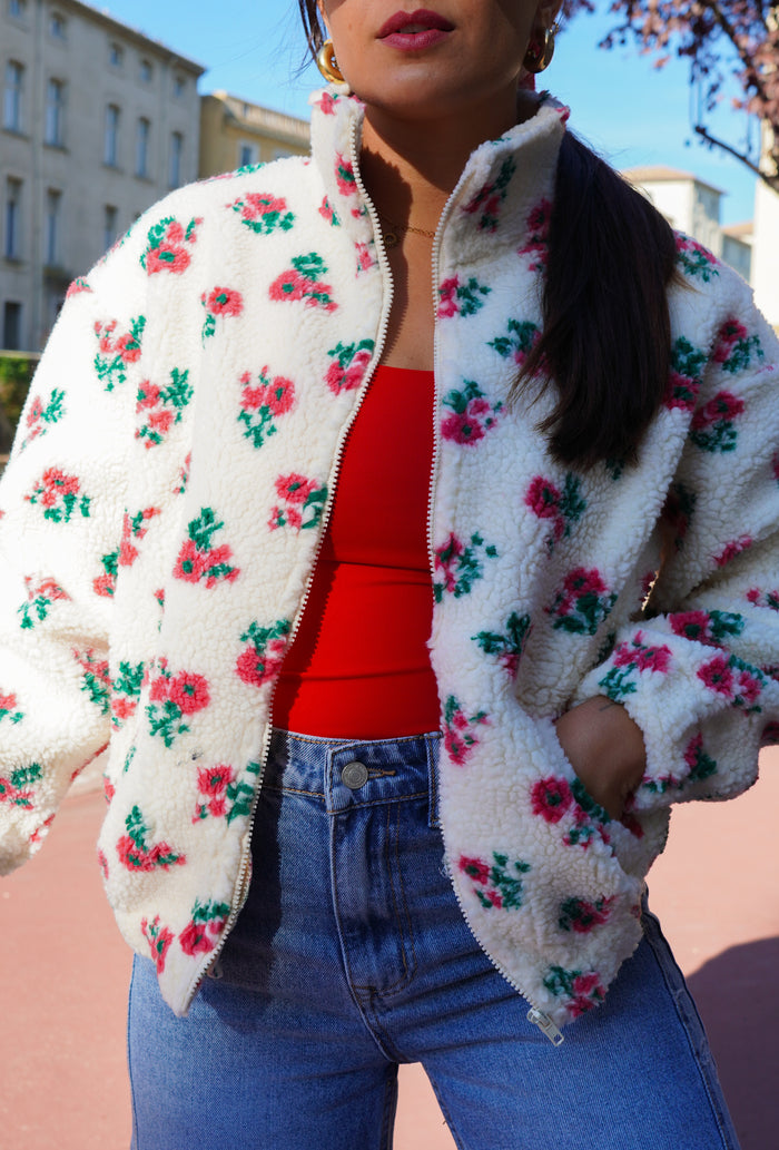 Polaire teddy fleurs rouge