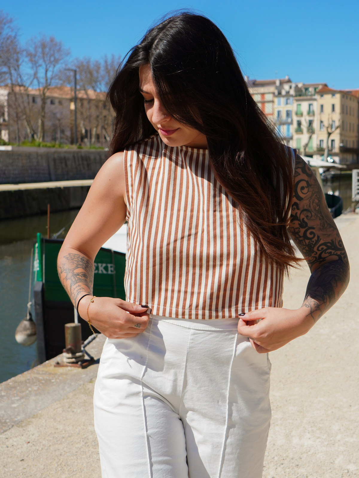 Crop top rayures camel