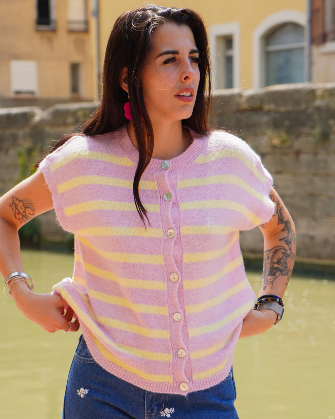 Gilet rayures rose