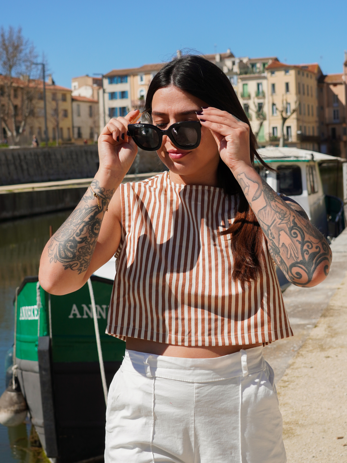 Crop top rayures camel