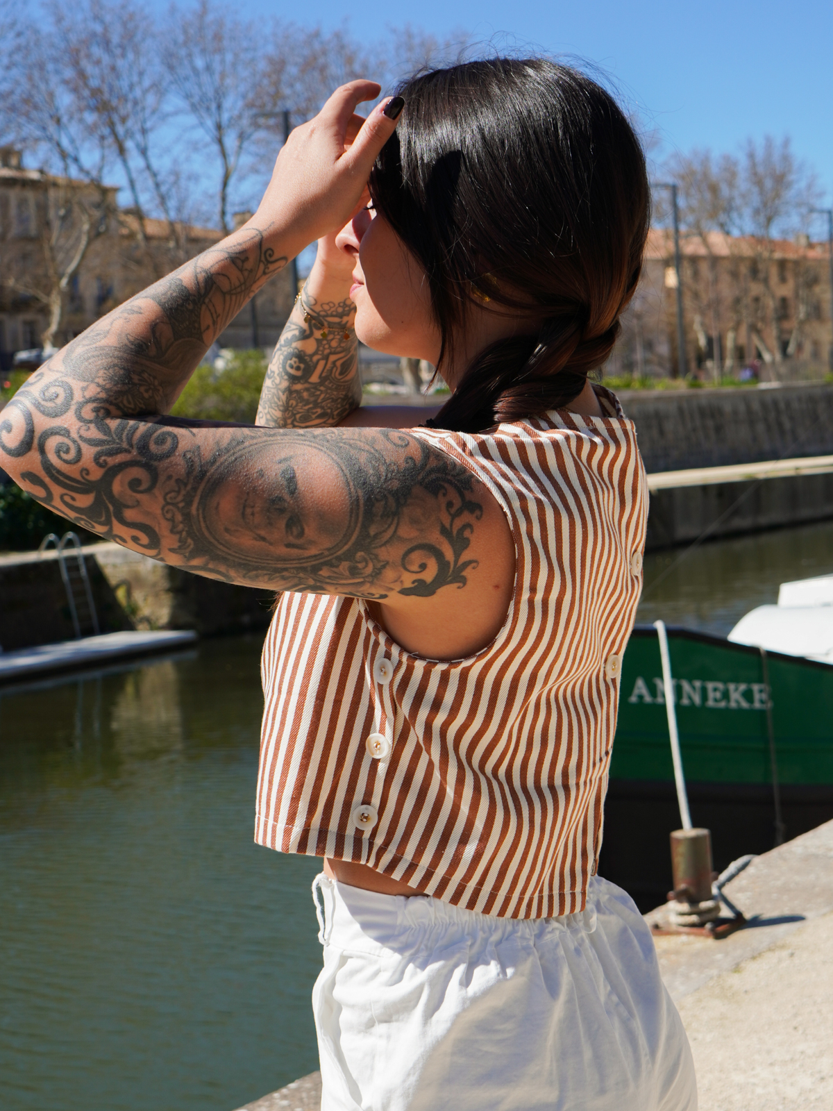 Crop top rayures camel