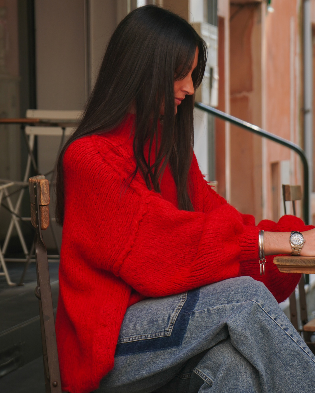 Pull col haut rouge