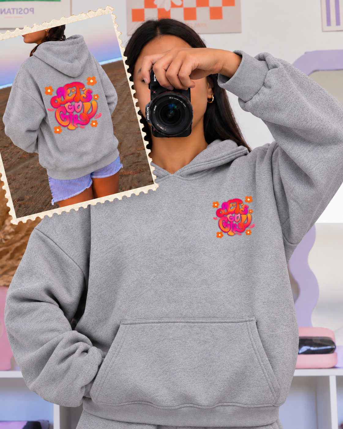 Sweat capuche (poche) Let's go Girl (🩶🖤🩷)