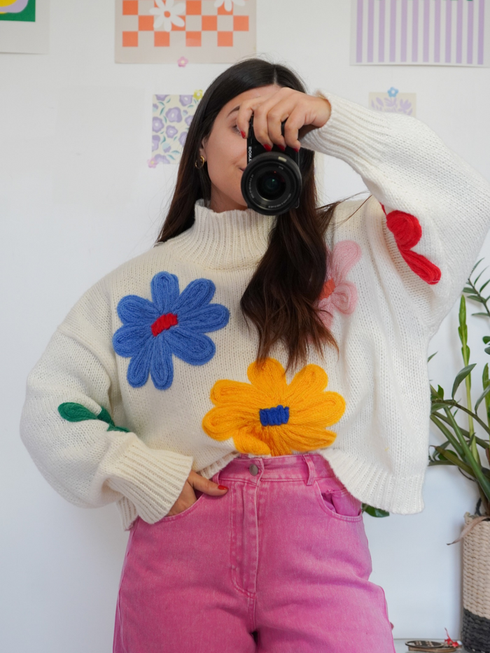 Pull fleurs blanc