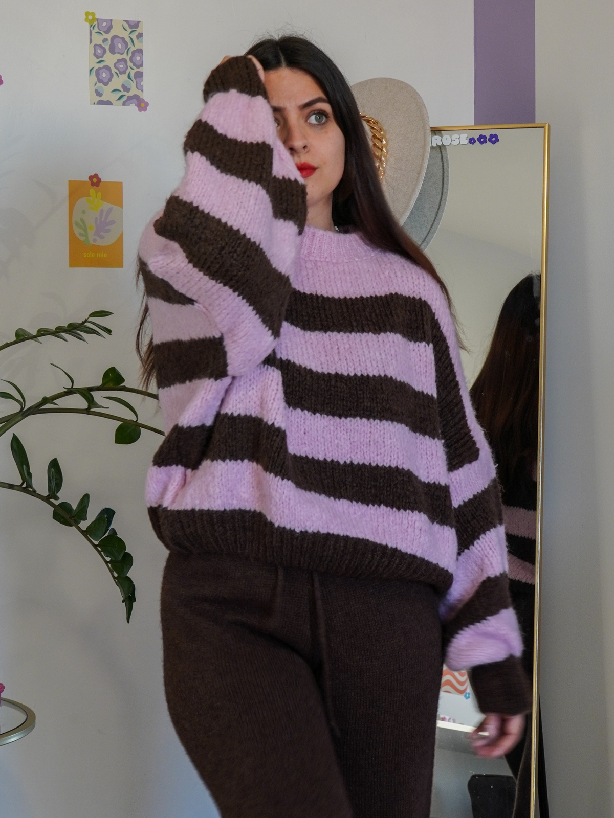 Pull rayures rose et marron