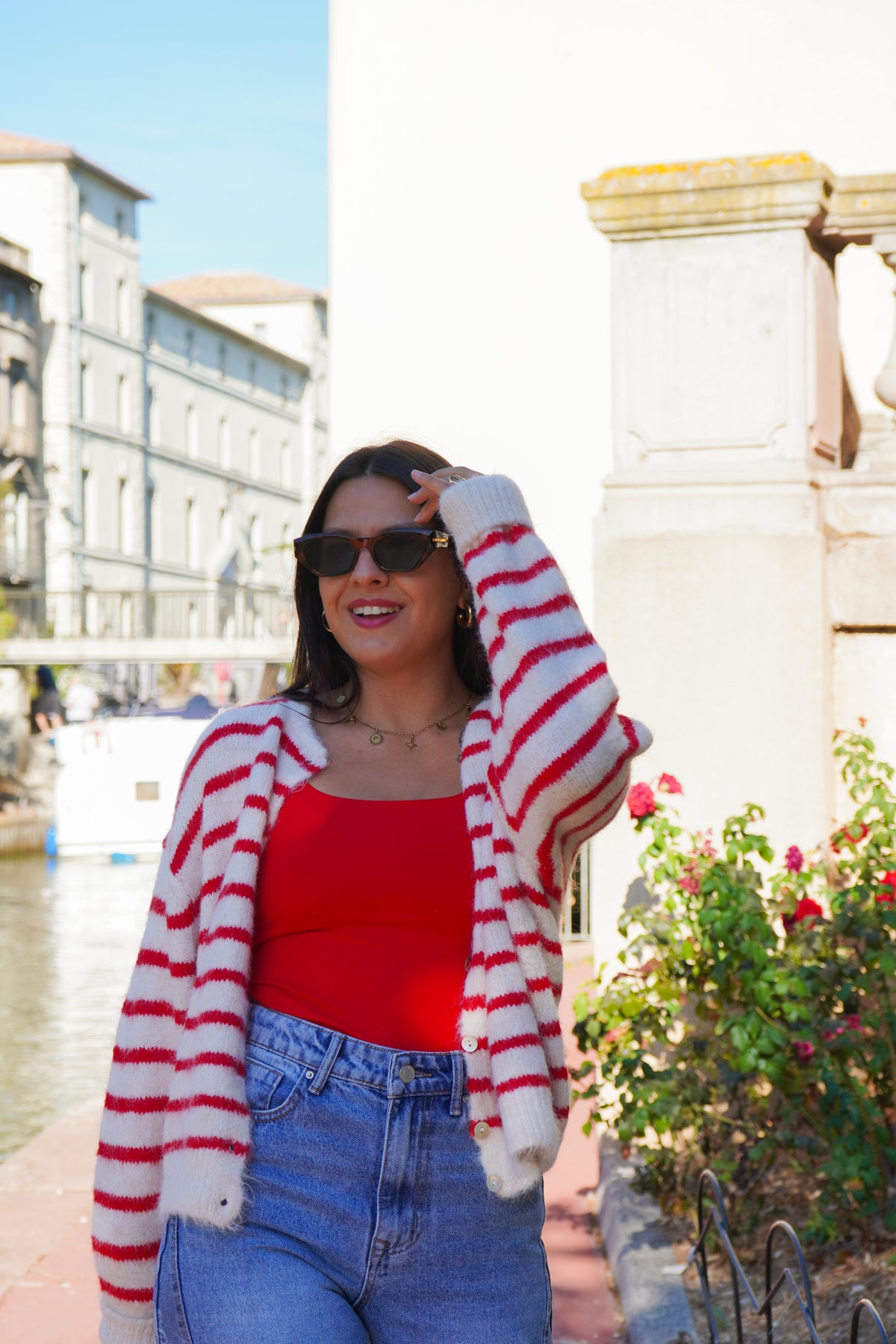 Cardigan rayures rouge/blanc